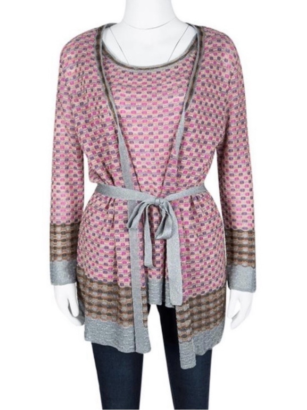 M by Missoni Lurex Knit Pink and Gray Metallic Belted
Cardigan, Size 4
